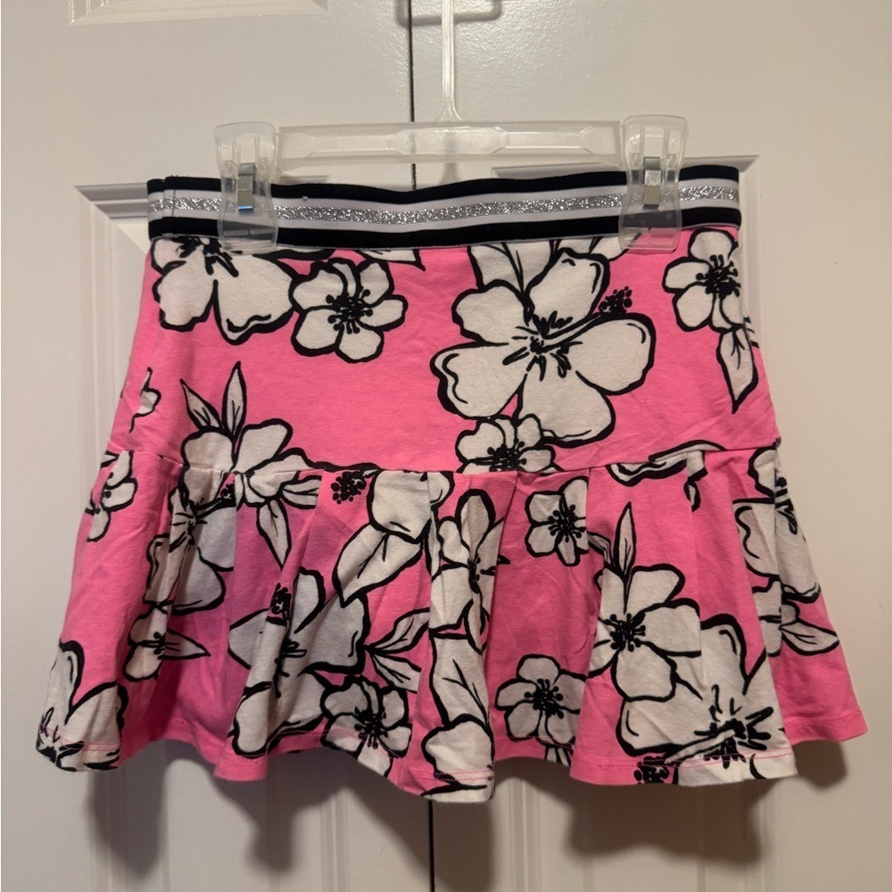 Justice Girls 10 Pink Hibiscus Floral Skirt Tropical Stretch Waist Summer